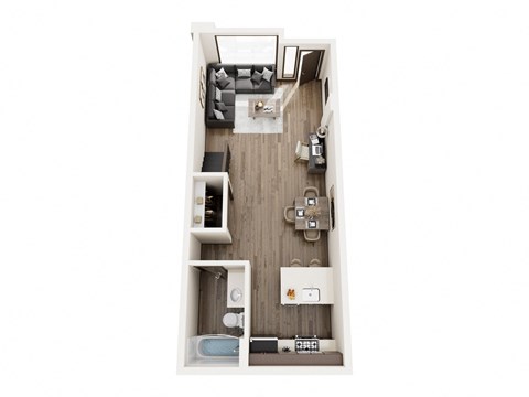 a stylized floor plan with a bedroom and living room